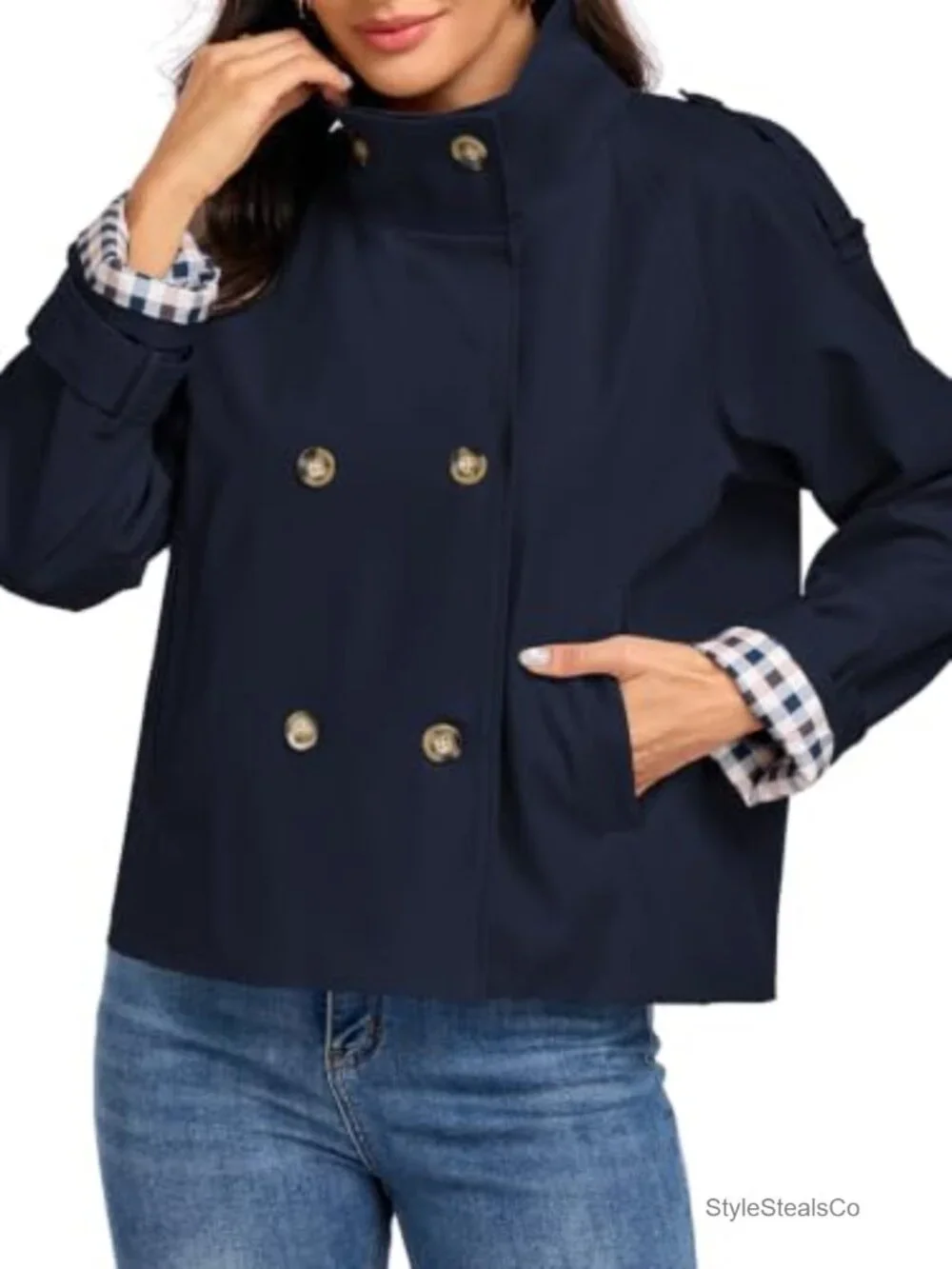 Womens Cropped Trench Coat Funnel Neck Double Breasted Fall Jacket